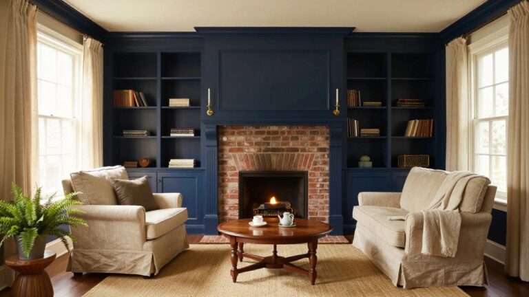 20 Chic Colonial Interior Design Paint Color Ideas to Try Now A living room with navy blue painted built-in cabinetry and trim surrounding a lit brick fireplace, flanked by cream armchairs, an oval wood coffee table, beige throw blanket, and jute rug on hardwood floors.
