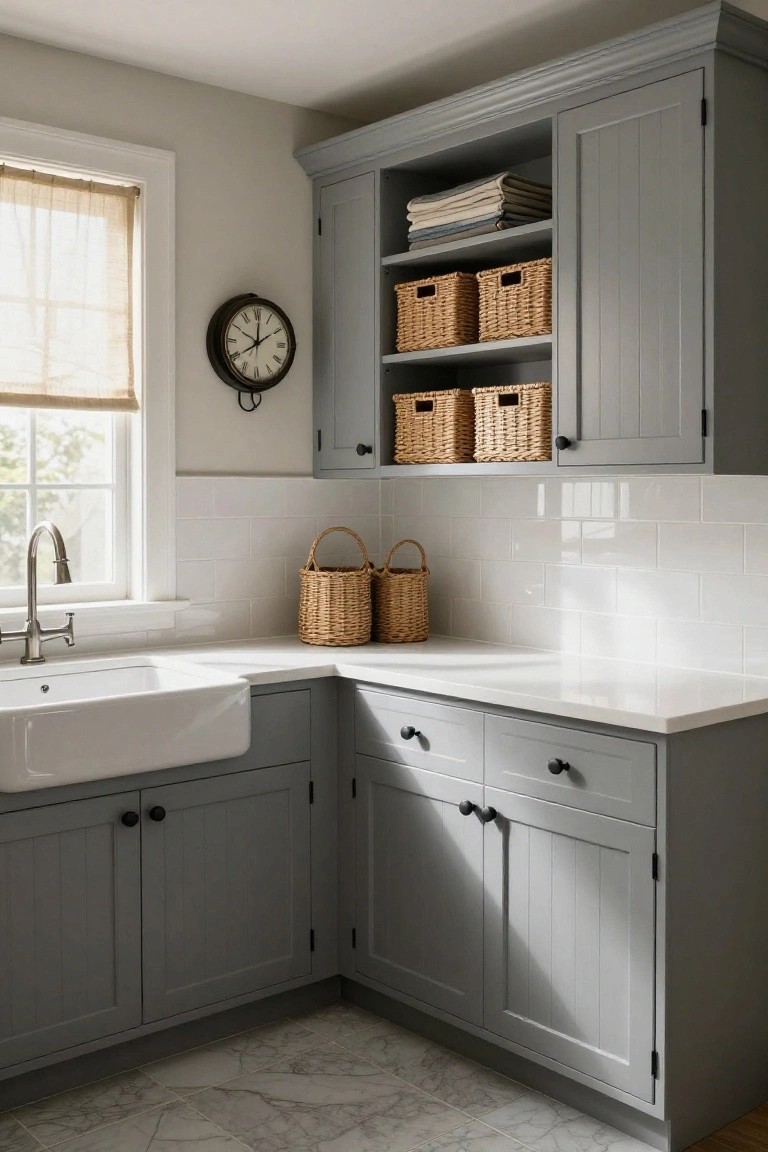 Light gray shaker-style cabinets in a laundry room with white subway tile backsplash, farmhouse sink on white quartz countertop, open shelves with wicker baskets, and a wall clock near a window.