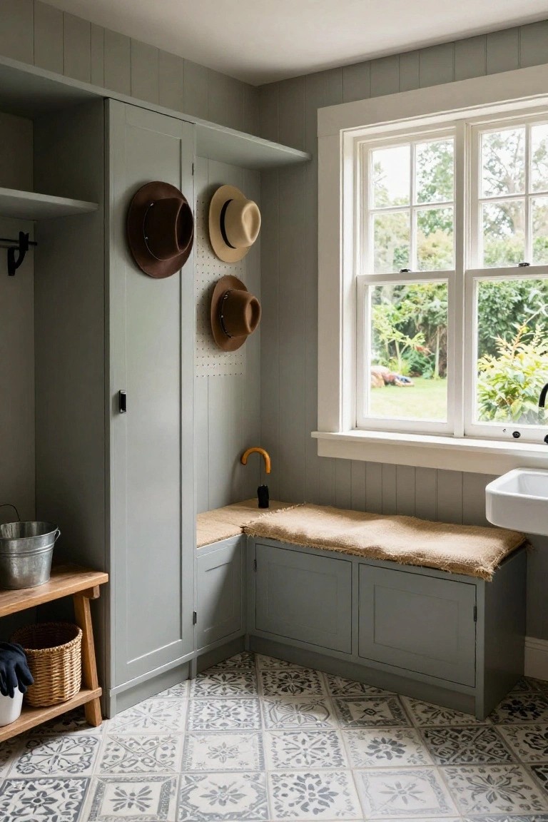 Gray-green painted wooden cabinets and built-in bench in a mudroom with hanging hats, a rattan basket cushion, metal bucket, sink, umbrella, and window to garden.