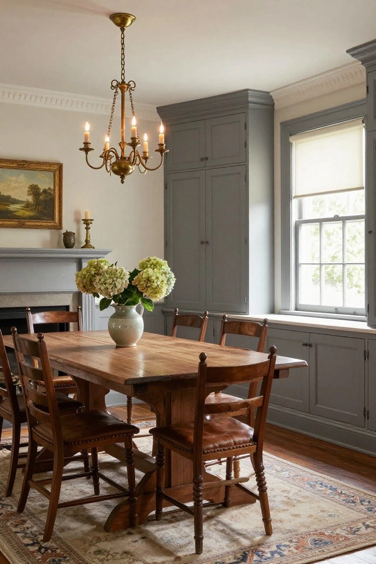 Colonial dining room with wooden trestle table and chairs, gray built-in cabinets, brass chandelier, hydrangea centerpiece on table, and window with blinds.
