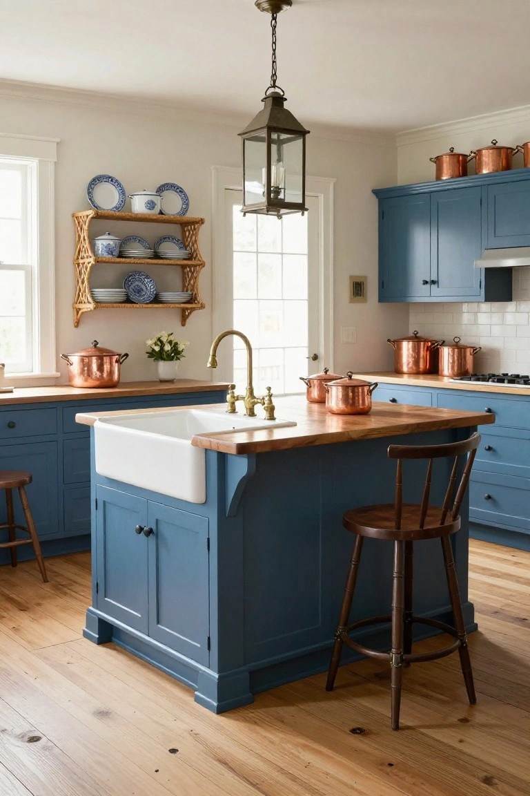Colonial kitchen with navy blue lower cabinets and island topped in wood, white farmhouse sink, brass faucet, copper pots on counters and shelves, rattan shelving holding blue and white china, and wooden bar stool.