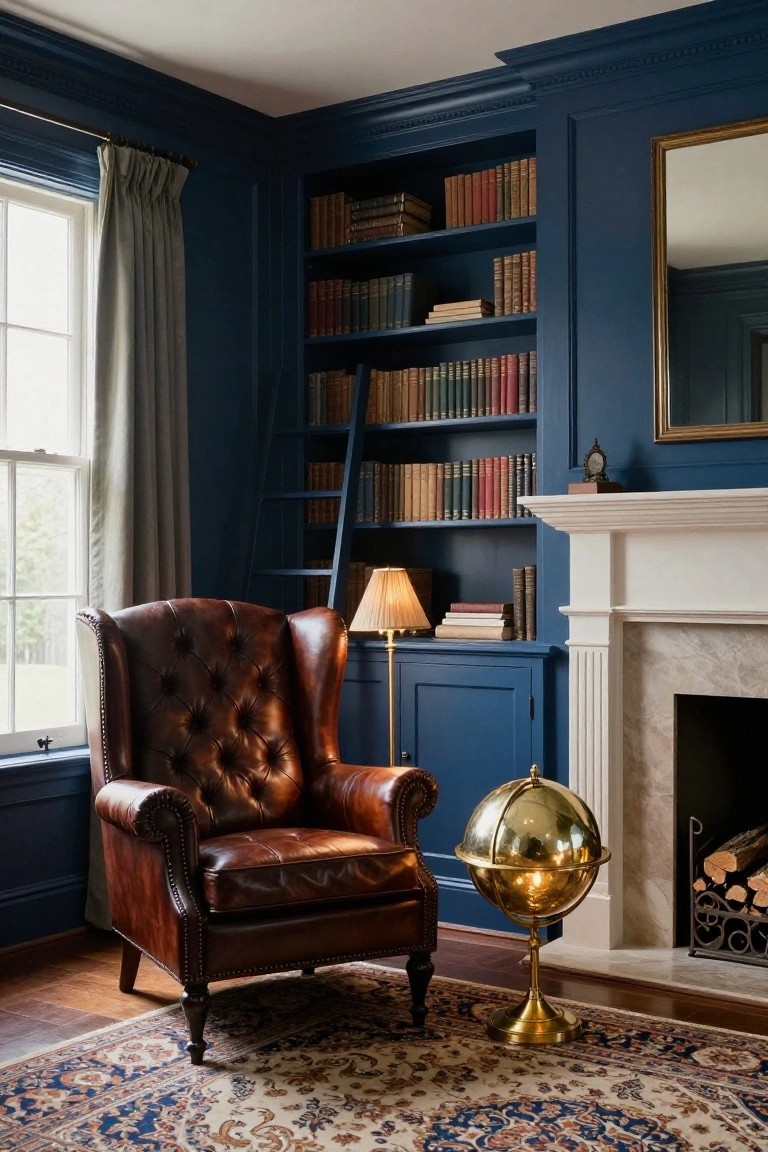 A corner of a navy blue paneled library with floor-to-ceiling bookshelves filled with books, wooden ladder, brown leather wingback chair, brass globe lamp, table lamp, and marble fireplace with logs.