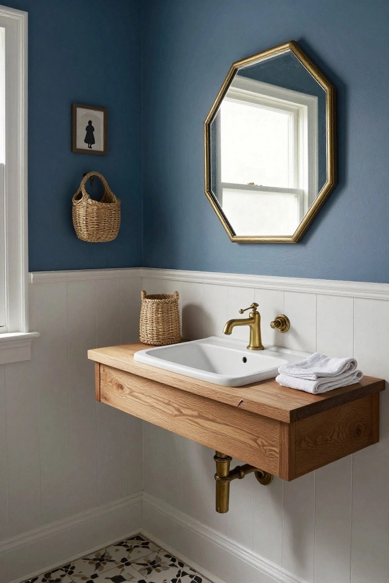 Corner bathroom with navy blue upper walls, white wainscoting and trim, floating oak vanity holding white sink and brass faucet, gold octagonal mirror, seagrass baskets, silhouette artwork, and black-and-white patterned tile floor.