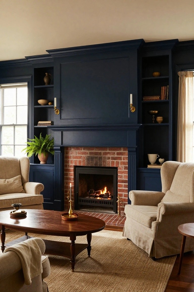 A living room with navy blue painted built-in cabinetry and trim surrounding a lit brick fireplace, flanked by cream armchairs, an oval wood coffee table, beige throw blanket, and jute rug on hardwood floors.
