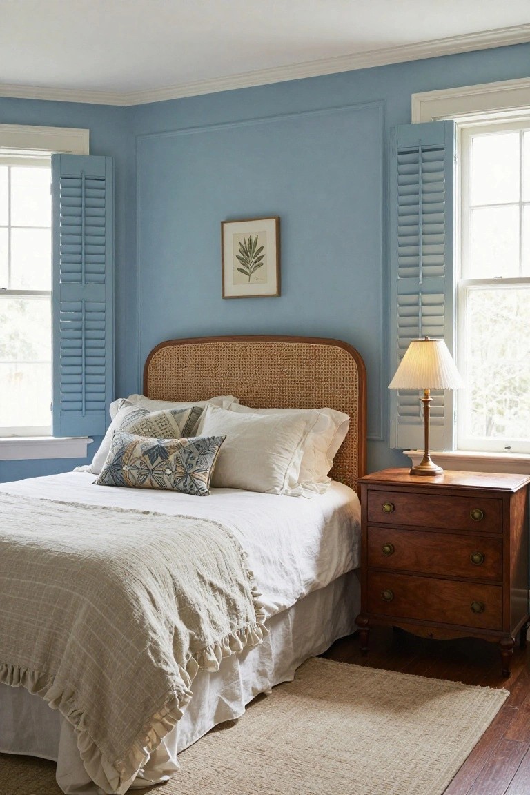 Bedroom with pale blue walls, rattan headboard on white bed with pillows and linens, wooden nightstand with lamp, louvered shutters on windows, and hardwood floor with rug.