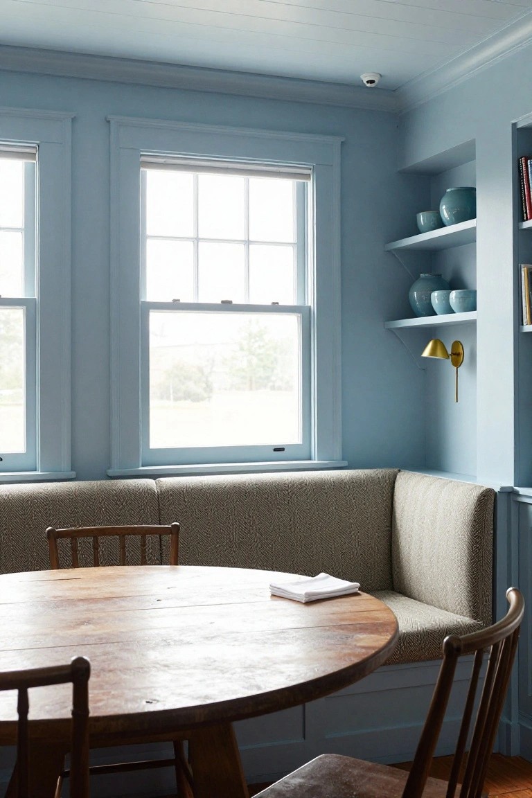 Cozy interior dining nook with pale blue painted walls and ceiling, built-in gray banquette seating, round wooden table with white napkin, wooden chairs, large windows overlooking greenery, wall shelves with blue ceramics, and gold sconce.