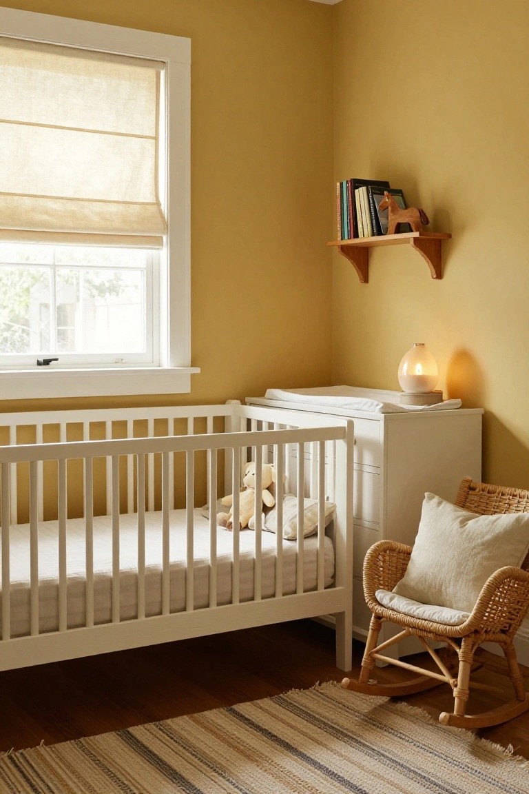 Nursery room with pale yellow walls, white crib containing a teddy bear, adjacent white changing table, wicker rocking chair, wooden bookshelf with books and horse figure, and window with linen roman shade.