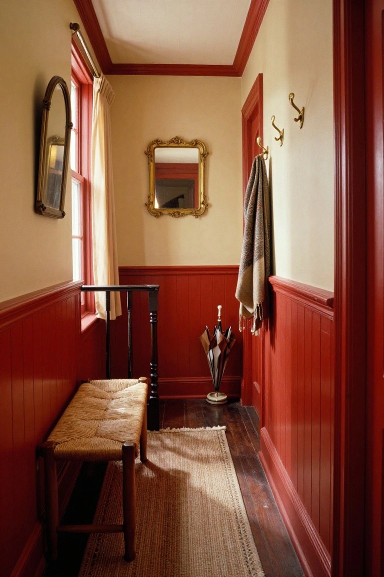 Narrow colonial hallway with red-painted lower walls and wainscoting, cream upper walls, oval mirror by window, rush seat bench, umbrella stand, and towel on brass hooks by door.