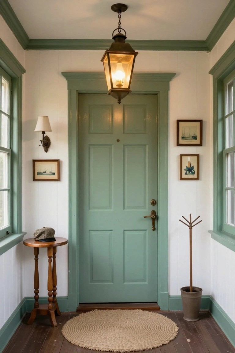 Colonial entryway interior with sage green paneled door, white beadboard walls, hanging lantern light, wall sconce, small framed ship paintings, wooden side table holding a hat, umbrella stand in pot, and round seagrass rug on wood plank floor.