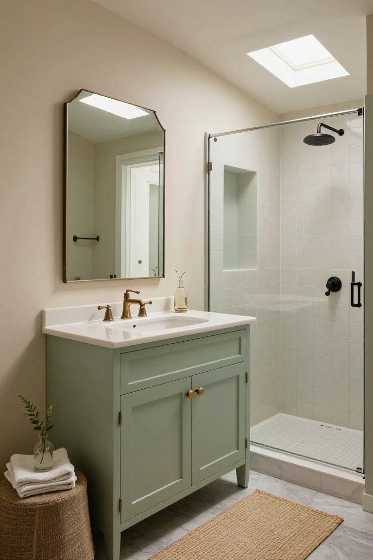 Small bathroom with sage green shaker-style vanity cabinets under a white countertop and sink, brass faucet and arched mirror on beige walls, glass shower with white subway tiles, and beige tile floor.