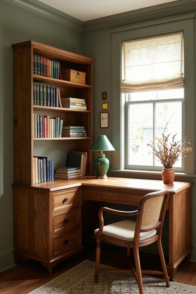 Corner of a sage green room with wooden bookshelves and L-shaped desk, rattan armchair, green ceramic lamp, books, and window with linen roman shade.