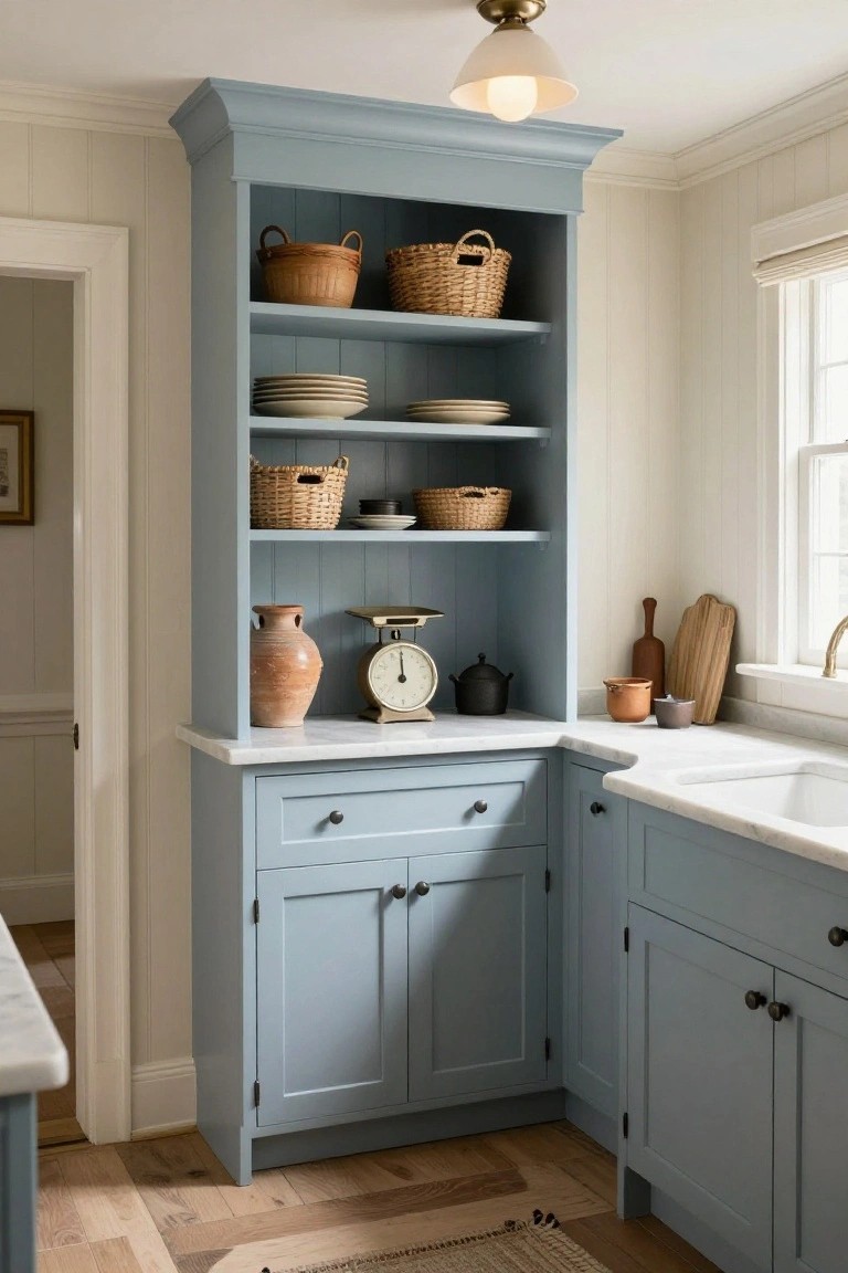 Corner kitchen cabinet painted soft blue with open upper shelves holding woven baskets, plates, and pottery, marble countertop with scale and jars, white sink, and beige walls.