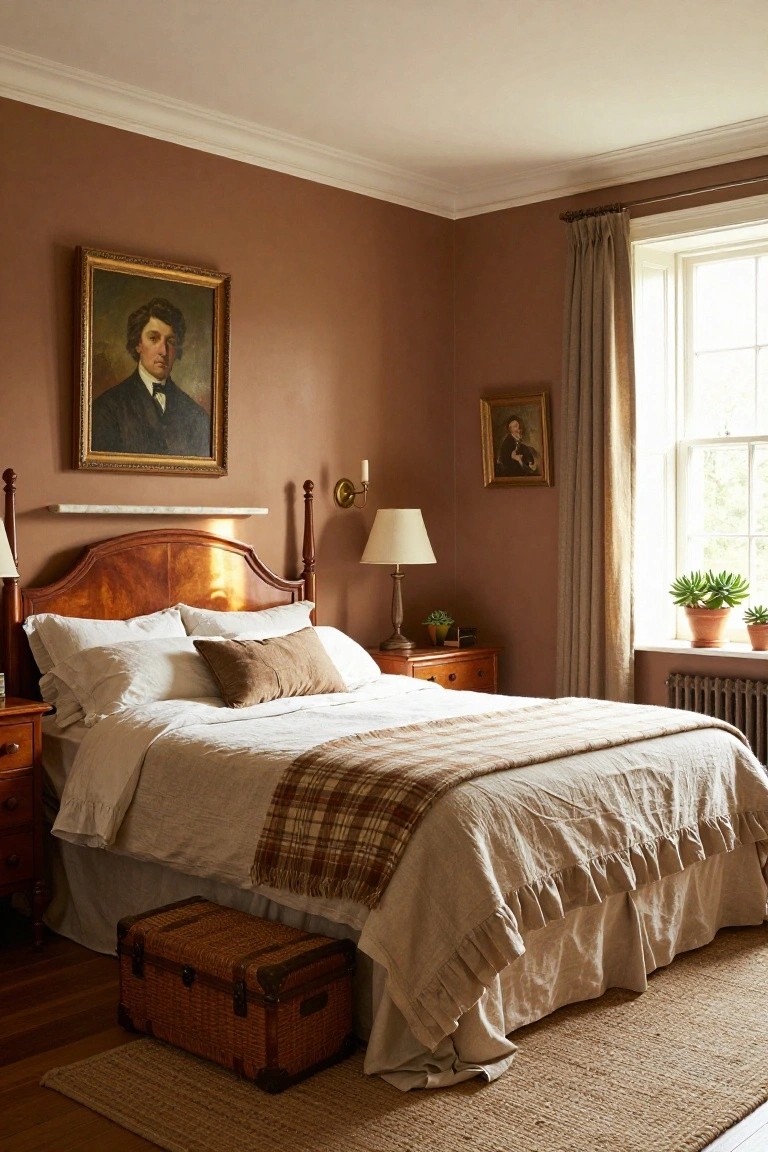 Colonial-style bedroom with terracotta walls, wooden four-poster bed dressed in white linens and plaid throw, bedside tables with lamps, small plants, framed portraits, and a trunk on a seagrass rug.