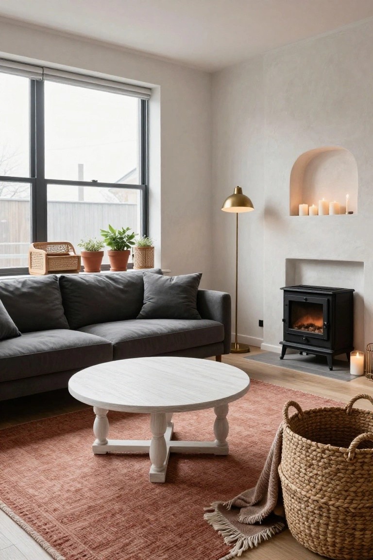 Living room with gray sofa, round white wooden coffee table on terracotta rug, arched plaster wall niche containing gold floor lamp and candles next to black stove fireplace, plants in terracotta pots on windowsill, woven baskets on floor.