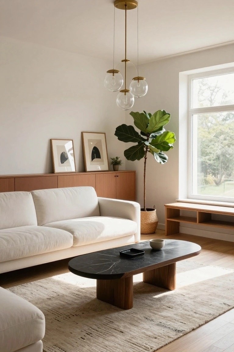 Modern living room with white sofa, oval black marble coffee table on thick wooden legs, large potted fiddle leaf fig plant beside wooden cabinets and bench, abstract framed artwork, triple blown-glass pendant lights, and window overlooking greenery.