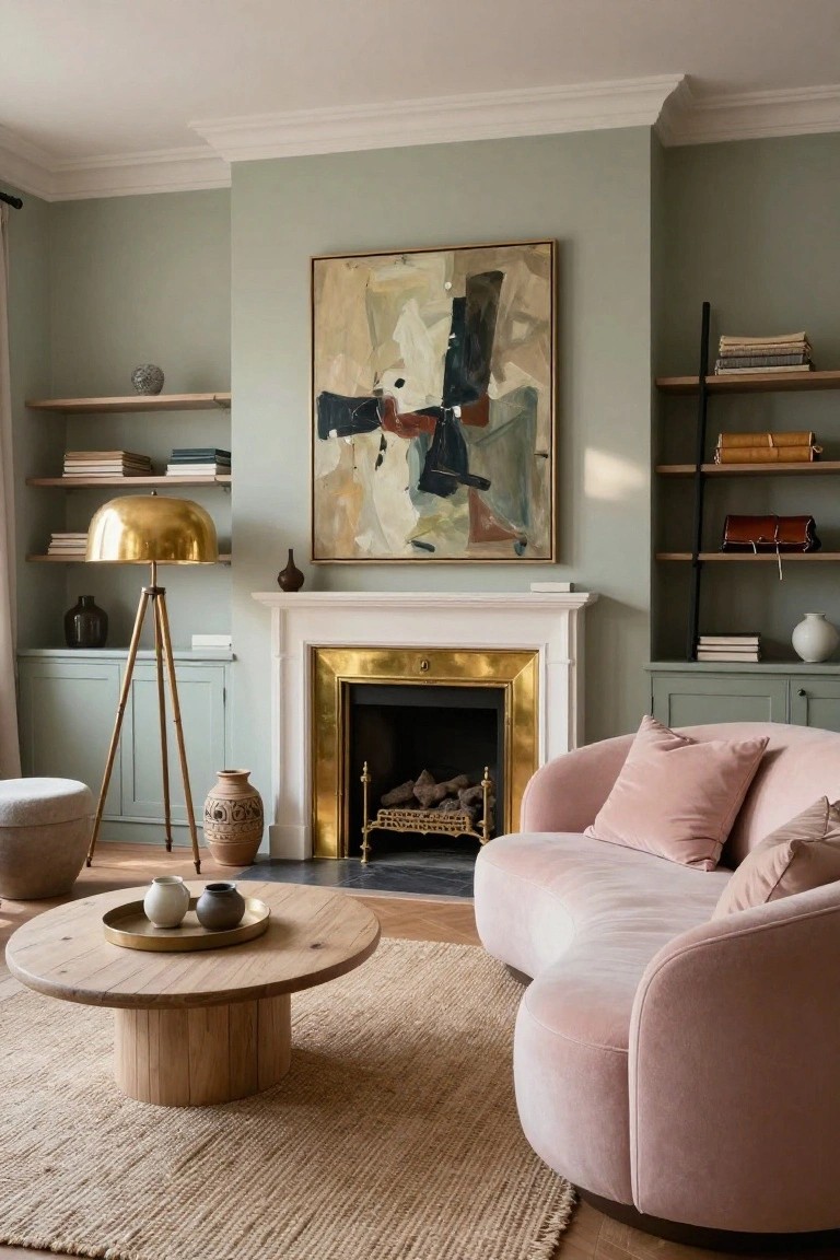 Living room interior with sage green walls, white fireplace surround in gold, curved blush pink velvet sofa, round wooden coffee table holding brass tray with teacups, seagrass rug, gold tripod floor lamp, built-in shelves with books and ceramics, and abstract painting above mantel.