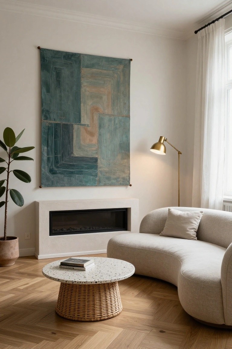 Modern living room with a curved cream sofa facing a low white fireplace, large abstract green and beige tapestry on wall, potted ficus plant, brass arc floor lamp, round terrazzo coffee table on rattan base, and oak herringbone floors.