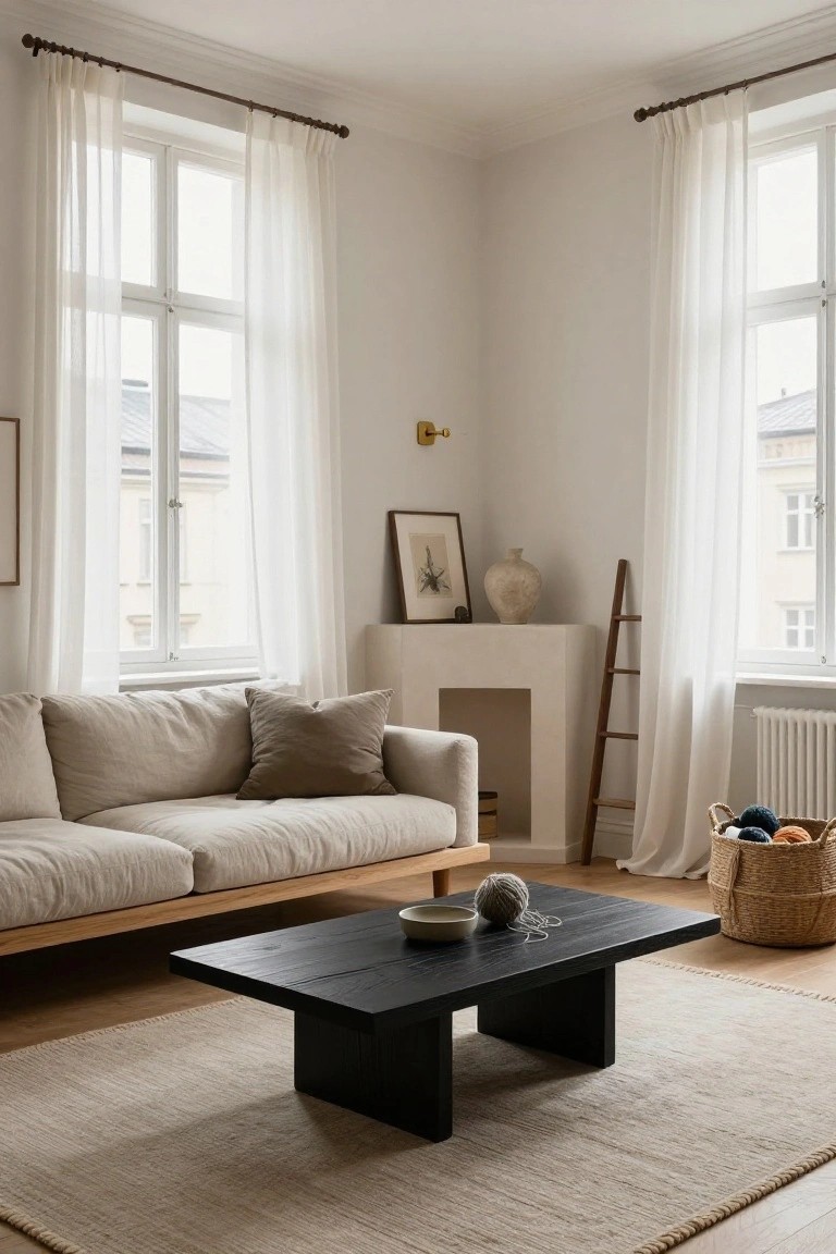 Living room corner featuring a low beige linen sofa, black rectangular wooden coffee table on a light rug, sheer curtains on tall windows, wooden ladder shelf, and neutral vase and artwork.