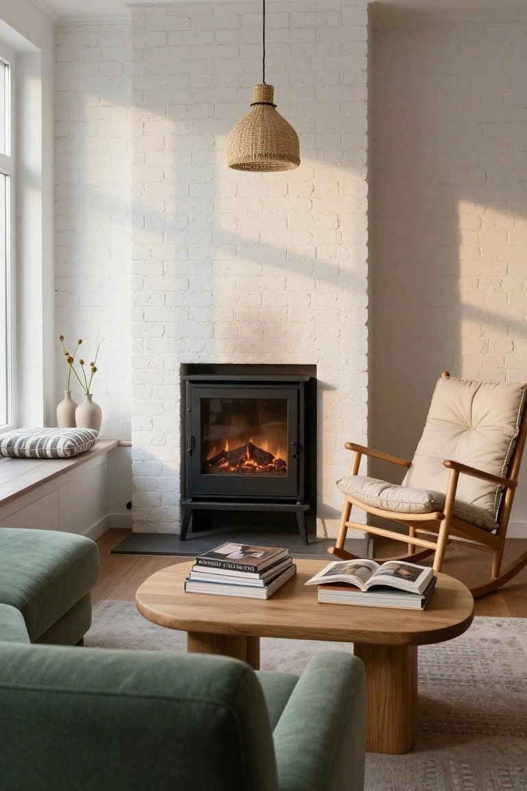 Sunlit living room interior with white brick walls, black metal stove fireplace, wooden rocking chair with cream cushions, green upholstered sofas, oak pedestal coffee table with stacked books, rattan pendant lamp, and window seat with pillows.