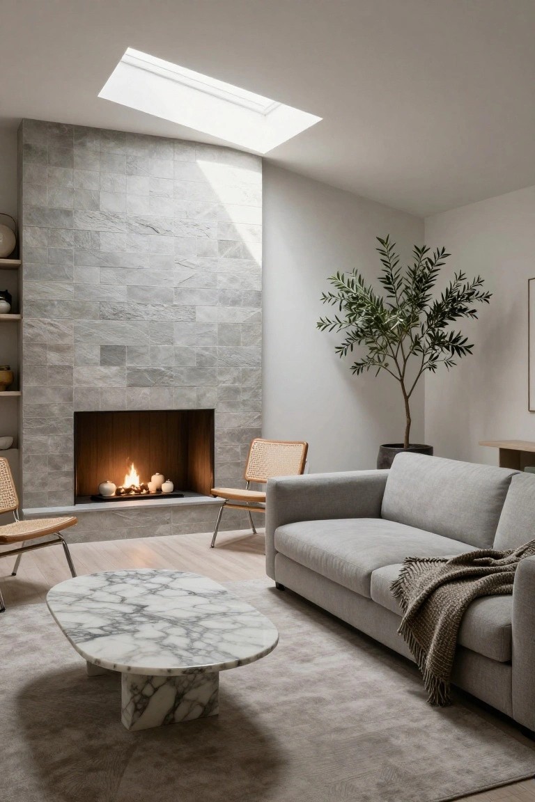 Modern living room featuring a tall gray stone tiled wall with built-in wood-surround fireplace, lit fire and candles, gray sofa, rattan chairs, white marble coffee table, olive tree, and skylight above.