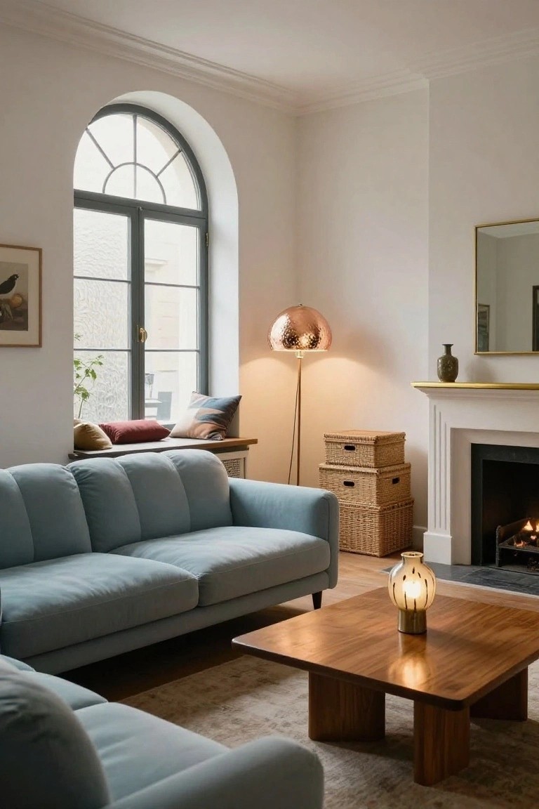 A cozy living room featuring light blue upholstered sofas around a low wooden coffee table, an arched window with seat cushions, a fireplace with stacked wicker baskets nearby, and warm lighting from lamps.
