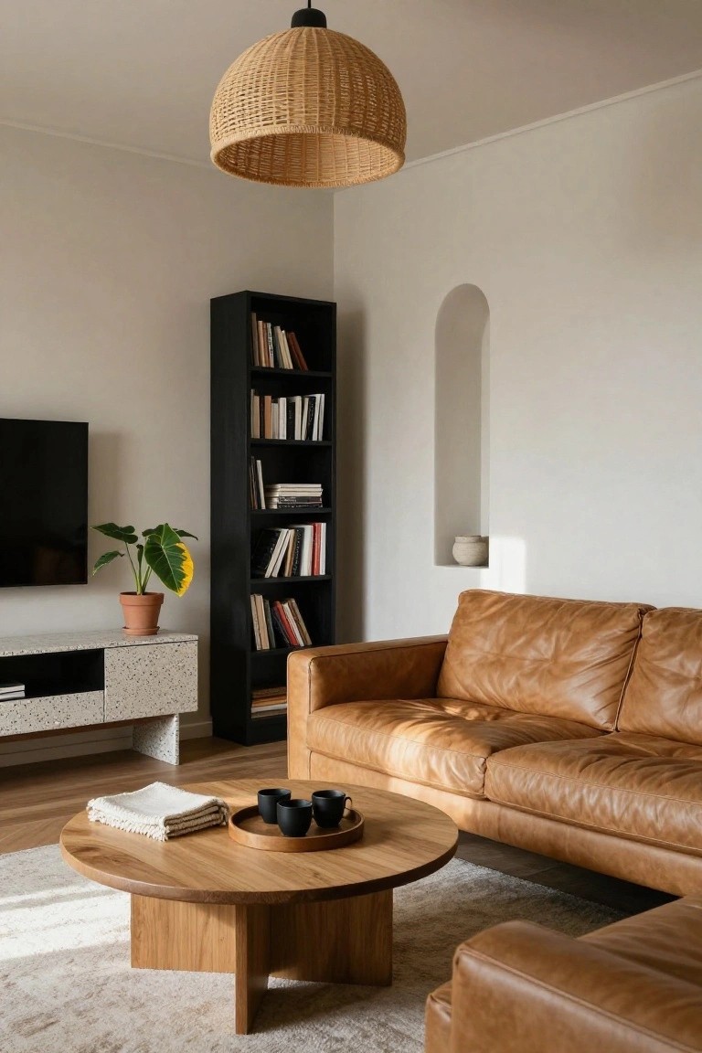 Living room with tan leather L-shaped sofa facing a round wooden coffee table with tray, cups, and napkins, black tall bookshelf with books, mounted TV on terrazzo console next to potted plant, woven pendant light overhead, white walls, and arched wall niche.