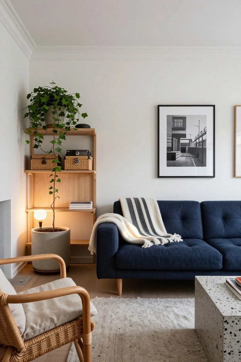 Living room corner with open wooden shelving unit holding trailing ivy plants, woven baskets, books, and a globe lamp, next to a navy tufted sofa draped with a striped throw blanket, a rattan armchair, potted plant, and terrazzo coffee table on light wood floors and rug.