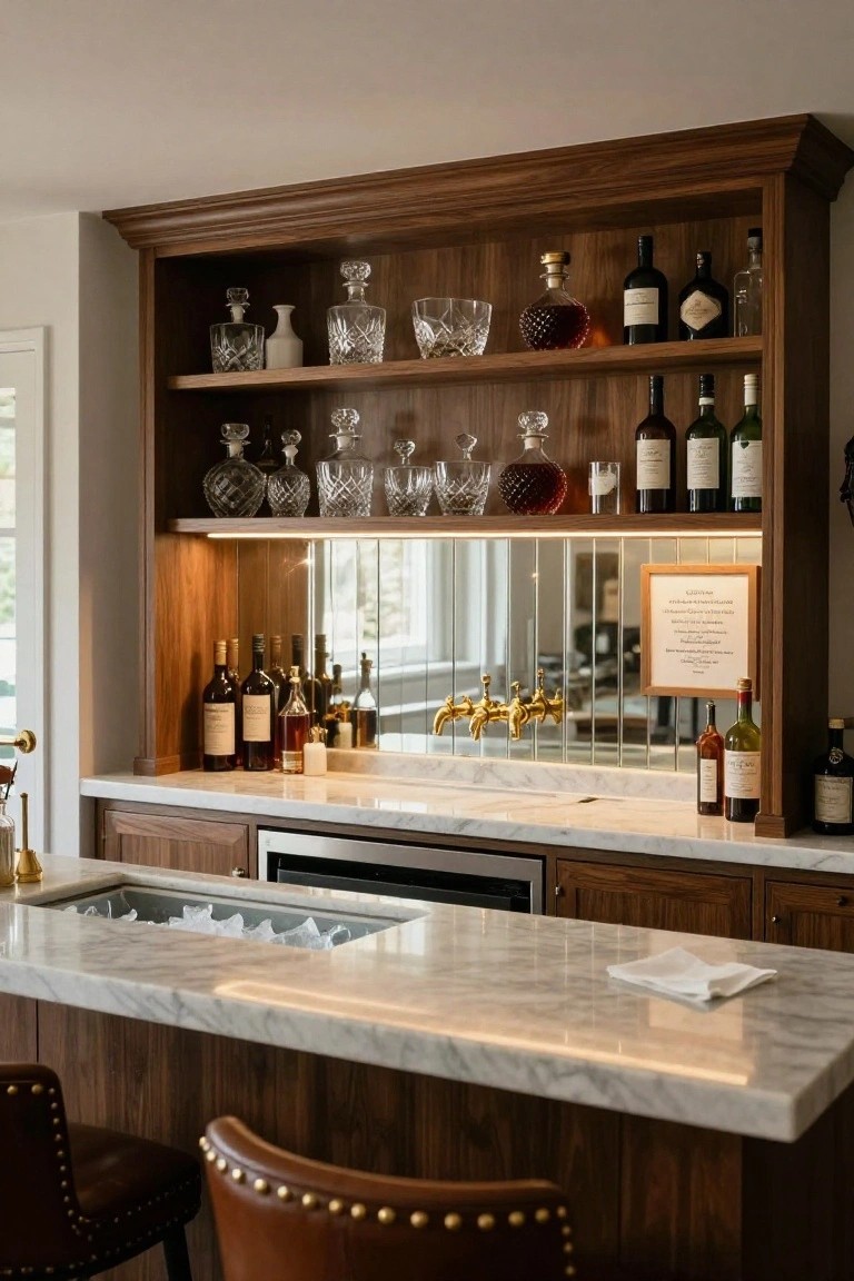 Wooden cabinetry home bar with marble countertop featuring an ice bin, backlit mirrored shelves displaying liquor bottles and glassware, gold faucets, and two leather bar stools.