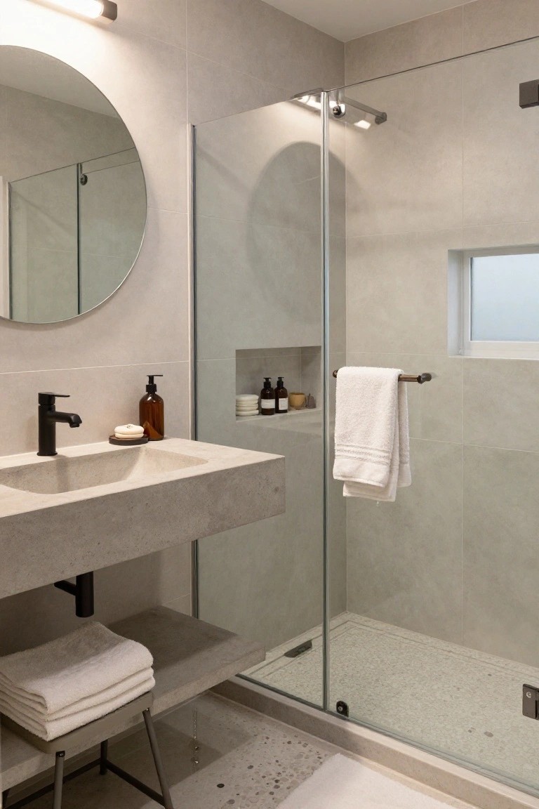 Modern bathroom with floating gray concrete vanity and sink, black matte faucet, round wall mirror, glass shower enclosure with pebble tile floor, neutral beige tiled walls, and folded towels.