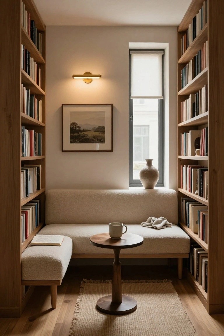 Narrow interior room with wooden bookshelves lining both walls filled with books, cream-colored L-shaped sofa and ottoman, round wooden side table with ceramic mug, wall-mounted light fixture, window with roller shade, framed landscape artwork, and beige vase on shelf.