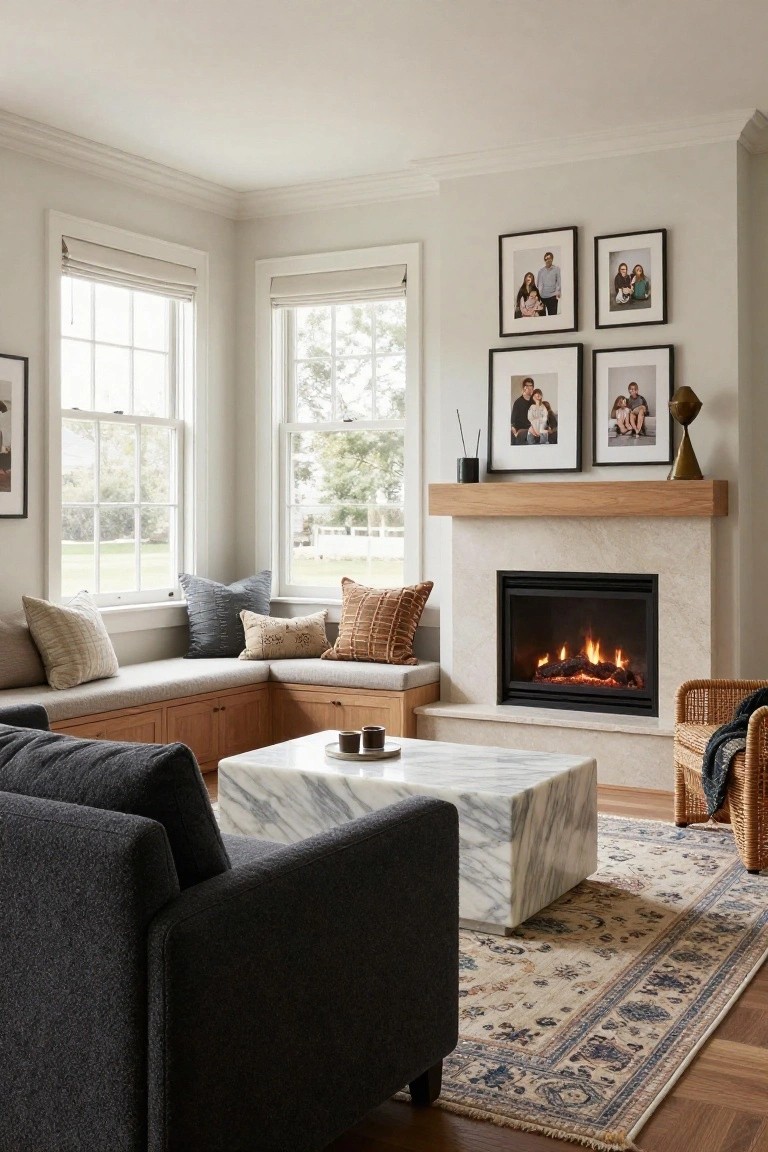 Living room corner with L-shaped beige upholstered window seat bench having storage cabinets below, next to a lit gas fireplace in a white stone surround, gray sofa, white marble coffee table, rattan chair, and framed family photos on walls, large windows showing yard outside.