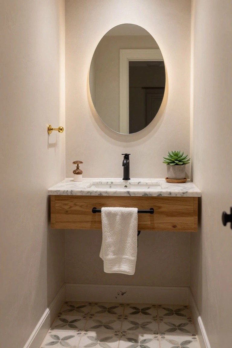 Compact powder room with floating oak wood vanity, white marble countertop, black faucet, oval backlit mirror, potted succulent, soap dispenser, white towel, and gray-white patterned tile floor.