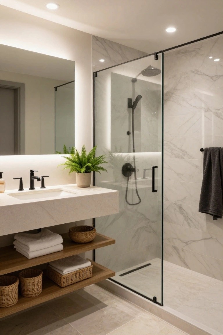 Modern bathroom with white marble tiled walls and shower enclosure featuring black framed glass door, floating white vanity with open wood shelving below holding towels and rattan baskets, black faucets, potted ferns, and towels on a wall bar.