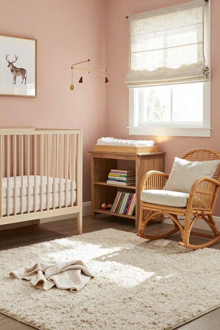 A nursery room with blush pink walls, white wooden crib, wooden changing table with pad, rattan rocking chair with cushions, bookshelves, gold mobile, deer artwork, sheer roman shade on window, and white shag rug on wood floor.