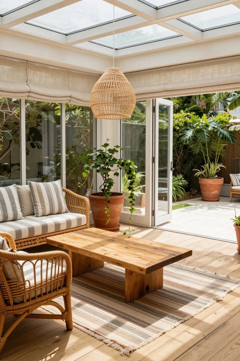 Sunroom with white-woven rattan sofa and armchair around a rectangular wooden coffee table on light wood floor, large terracotta potted plants, open bi-fold glass doors to tropical garden patio, linen blinds on windows, and hanging rattan pendant lamp under glass ceiling.