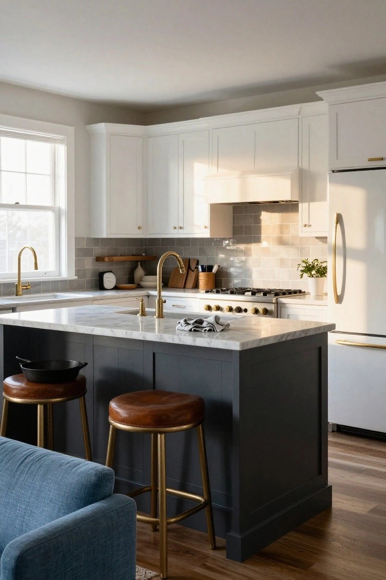 A transitional kitchen with white shaker-style upper cabinets, dark gray island with marble countertop and two tan leather barstools, brass hardware, subway tile backsplash, and stainless appliances.