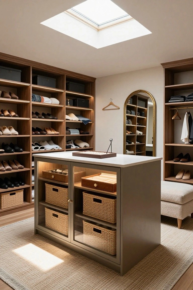 Walk-in closet interior with wood built-in shelves displaying shoes and folded clothing, a central gray island cabinet with wicker baskets and glass doors, a cushioned bench, gold arch mirror, and skylight overhead.