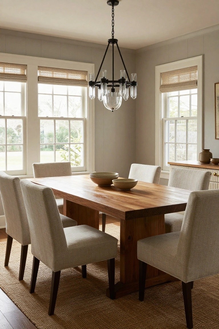 Dining room featuring a rectangular wooden table with trestle base, six beige upholstered chairs, two large windows with bamboo roman shades, black metal chandelier, and wooden sideboard against light gray walls.