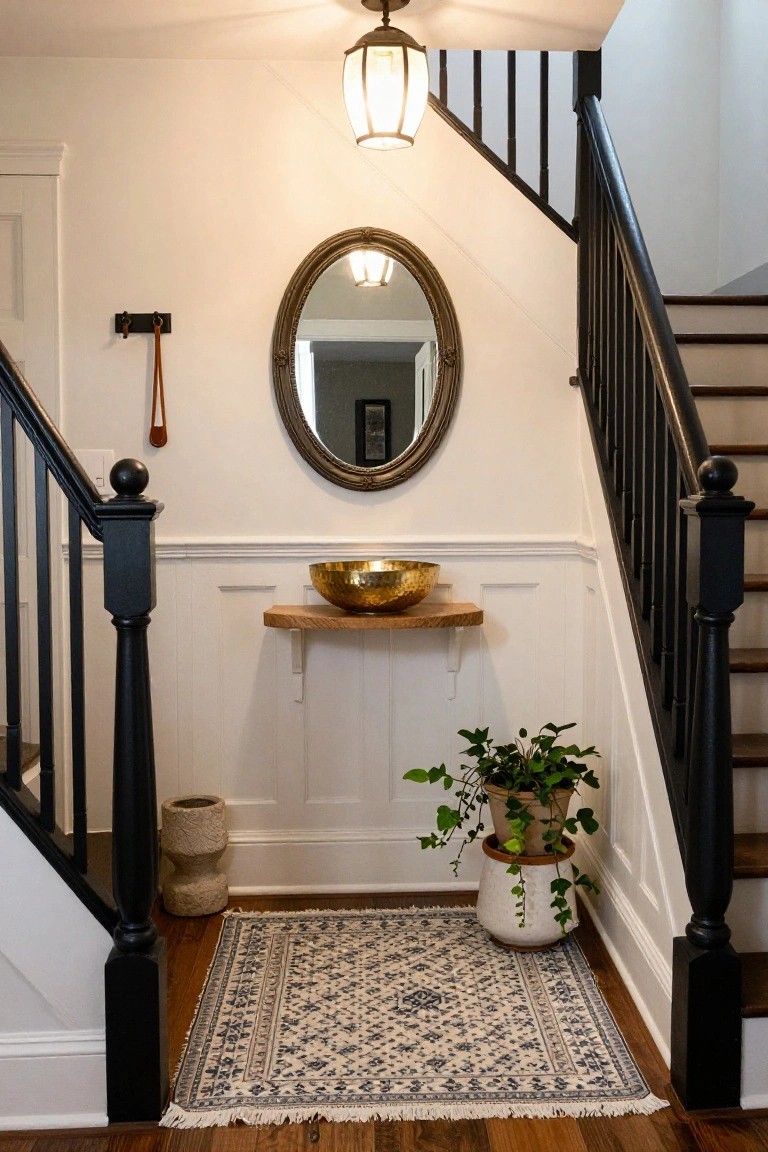 Brightly lit entryway featuring a wooden staircase with black-painted balusters and newel posts, white wainscoting, a floating oak shelf with gold bowl, potted plants, an oval mirror, a woven rug, and hardwood floors.