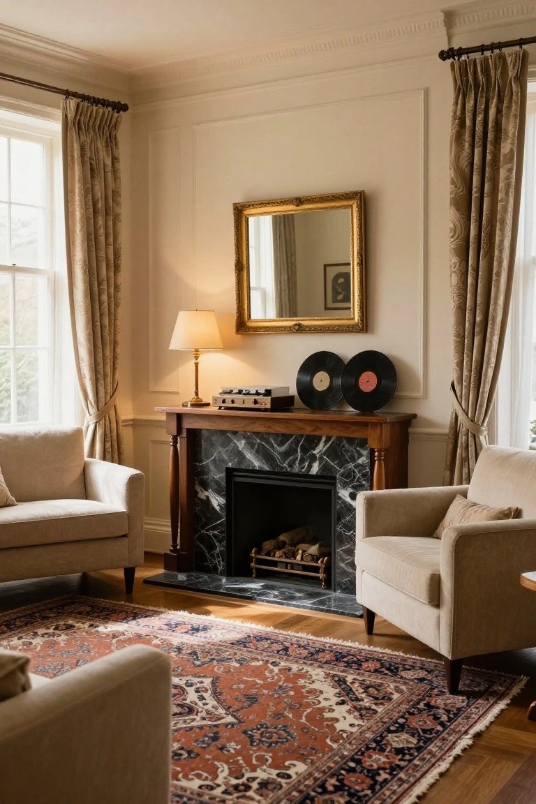 Living room corner with two cream armchairs facing a wood-surround fireplace featuring black marble inset and logs, a Persian rug on the hardwood floor, gold-framed mirror above mantel holding a turntable and two vinyl records, table lamp nearby, and tall patterned curtains on windows.