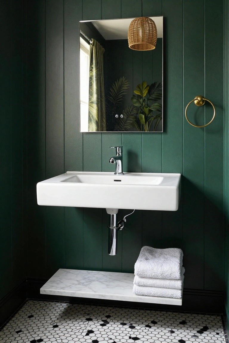 Small bathroom with dark green vertical paneled walls, rectangular mirror, wall-mounted white rectangular sink and chrome faucet, gold towel ring, rattan pendant light, marble shelf with stacked white towels, and black-and-white hexagonal floor tiles.