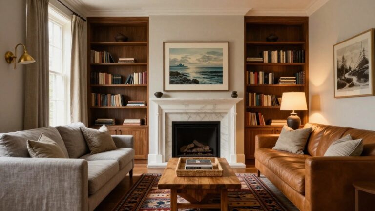 A living room with wooden built-in bookshelves flanking a marble fireplace, tan leather sofa, light gray armchairs, seagrass coffee table, and patterned rug.