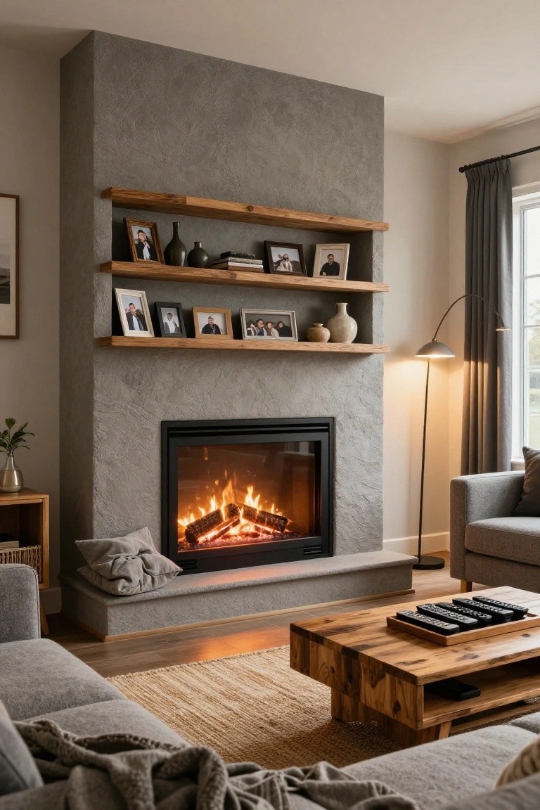 A living room with a textured gray plaster fireplace wall featuring floating wooden shelves holding framed photos, books, and vases above a lit gas fireplace, flanked by gray sofas, a wooden coffee table with remotes, and a floor lamp.