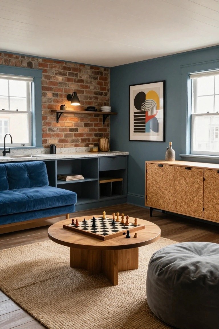 Photo of an interior room featuring an exposed brick wall, navy blue velvet sofa, round wooden coffee table with chessboard and pieces, seagrass rug, gray pouf, wooden cabinets, and abstract wall art.