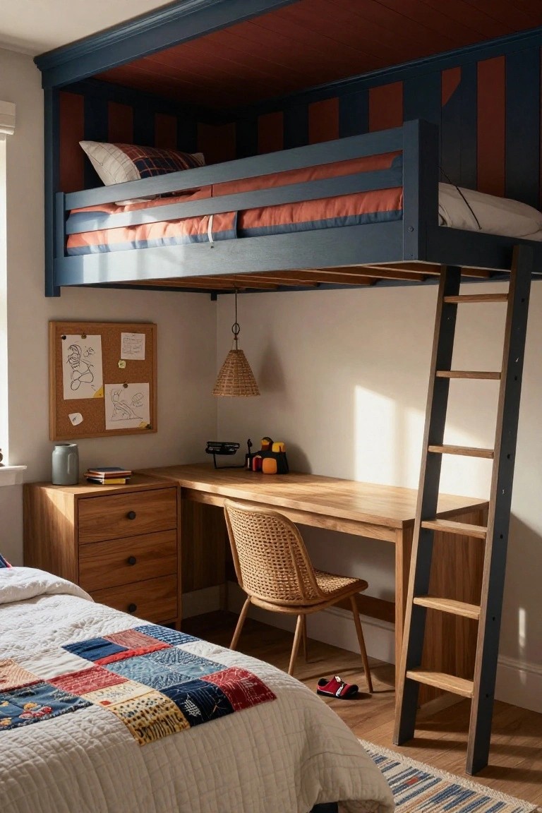 Child's bedroom interior with navy loft bed and ladder, wooden desk and rattan chair below, corkboard on wall, lower bed with patchwork quilt, and toys on floor.