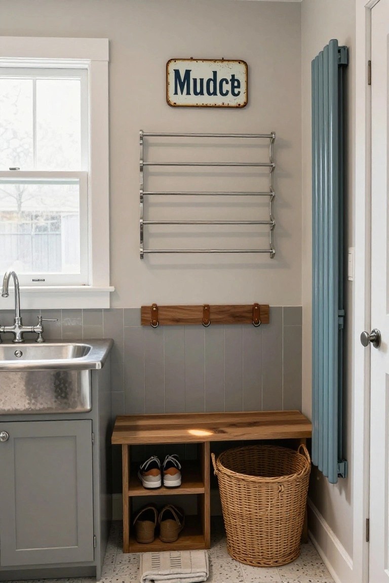 Gray-walled mudroom with stainless steel utility sink, wooden bench holding shoes on open shelves, wicker basket, towel rail, and Mud Room sign above.
