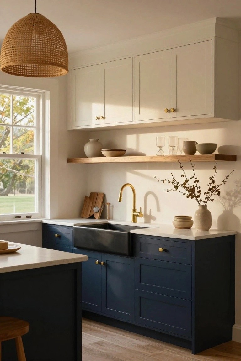 Kitchen with navy blue lower cabinets and island, white upper cabinets, floating oak shelves holding ceramics and glassware, gold faucet and black farmhouse sink on white quartz countertop, rattan pendant light, and window to autumn yard.