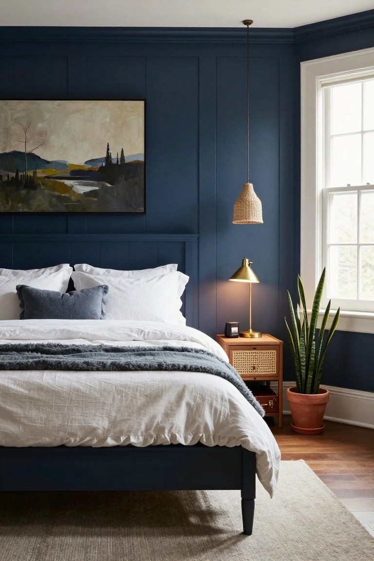 Bedroom interior with navy blue paneled walls and headboard, white linen bedding on a low navy bed frame, brass lamp on a rattan nightstand with a snake plant in a terracotta pot nearby, large abstract landscape painting above the bed, and a window with natural light.