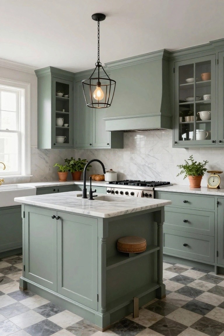 Kitchen with sage green cabinets, white marble countertops and island, black gooseneck faucet, stainless steel range, glass-front upper cabinets, and black-and-white checkered tile floor.