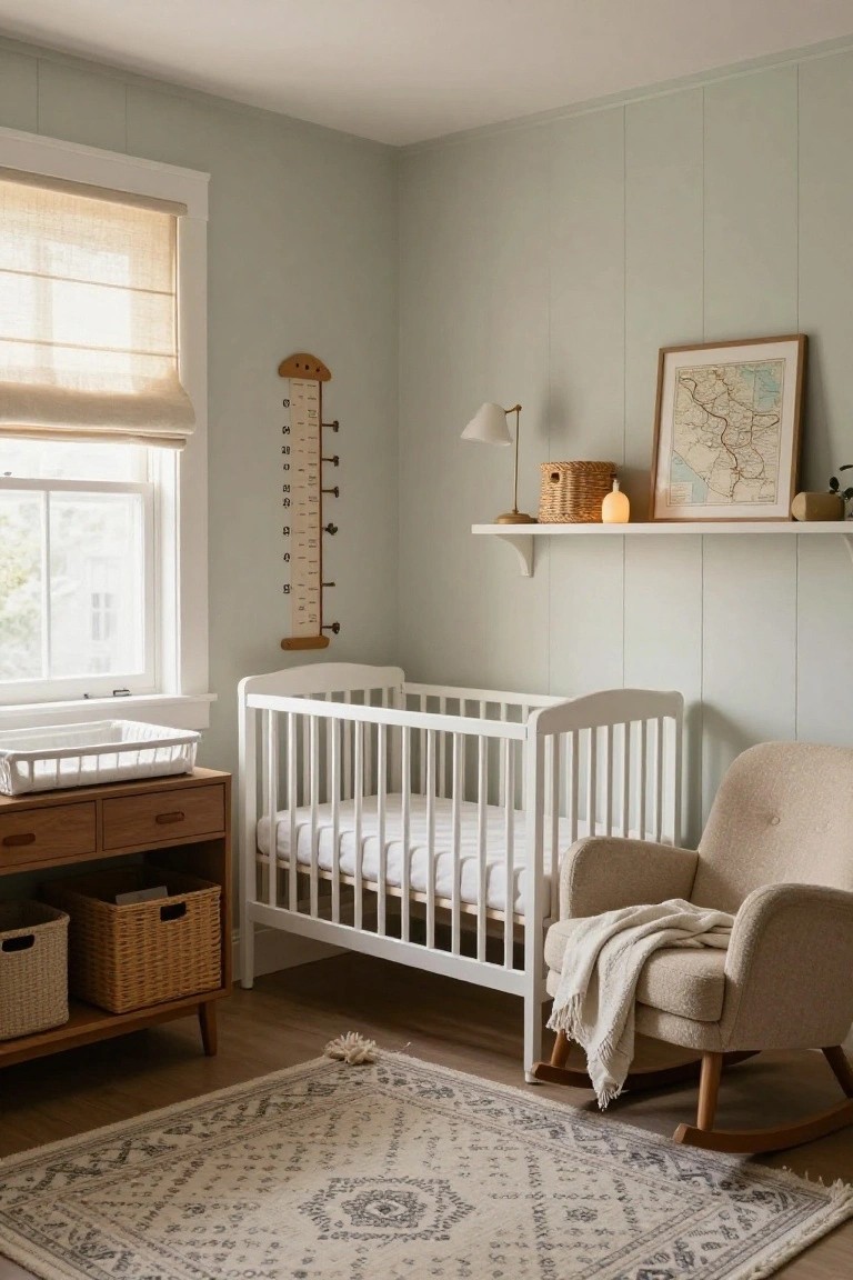 Nursery room with pale green vertical paneled walls, white crib next to wooden changing dresser, beige rocking chair on woven rug, linen window shade, wooden height chart, and floating shelf with map and basket.